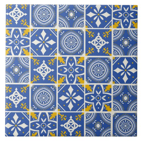 Moroccan Pattern in Teal Blue Yellow Cream Ceramic Tile