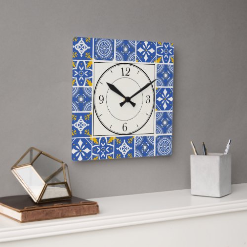 Moroccan Pattern in Teal Blue Yellow Cream Square Wall Clock