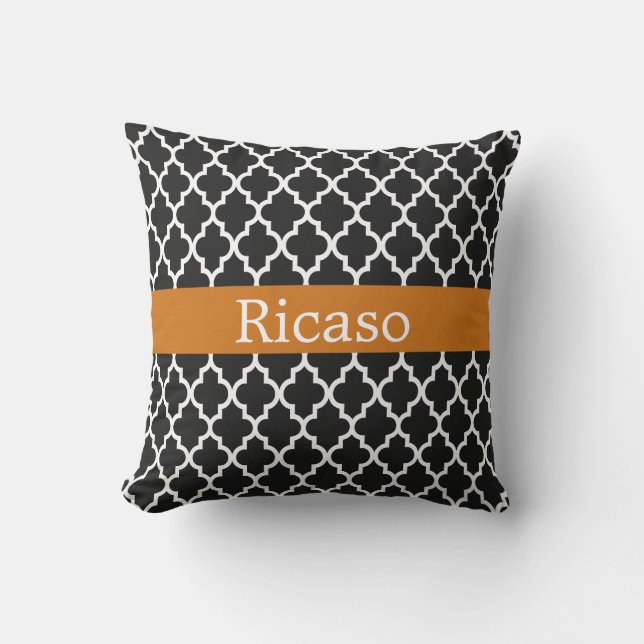 Moroccan Pattern Personalized Orange And Black Outdoor Pillow (Front)