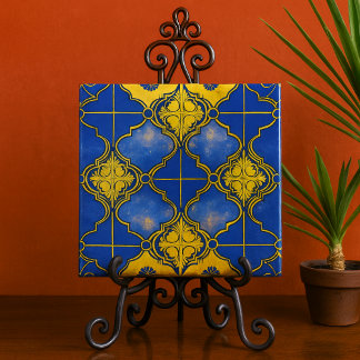 Moroccan Pattern Quatrefoils Blue and Gold Ceramic Tile