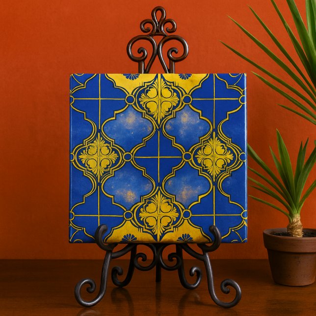 Moroccan Pattern Quatrefoils Blue and Gold Ceramic Tile (Moroccan pattern blue and gold decorative ceramic tile for bathroom kitchen patio)