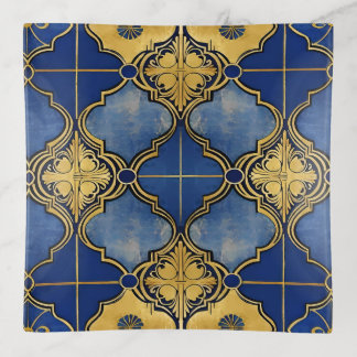 Moroccan Pattern Quatrefoils Blue and Gold Trinket Tray