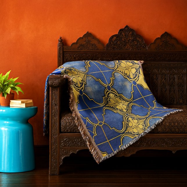 Moroccan Pattern Quatrefoils Cobalt Blue Gold Throw Blanket (Ornate blue and gold Moroccan pattern throw blanket in situ on traditional Moroccan furniture)