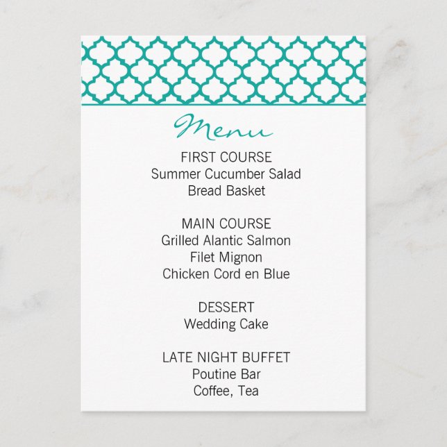 Moroccan Pattern Teal Wedding Menu (Front)
