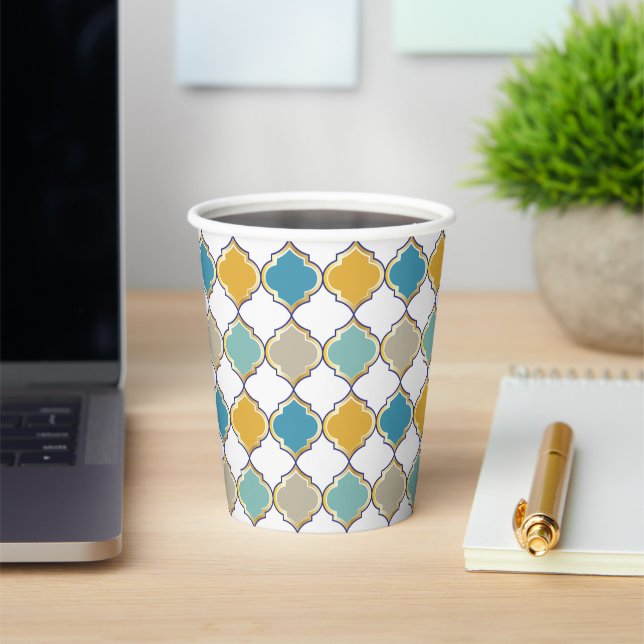 Moroccan Pattern Yellow Blue Golden Wedding Paper Cups (Insitu)