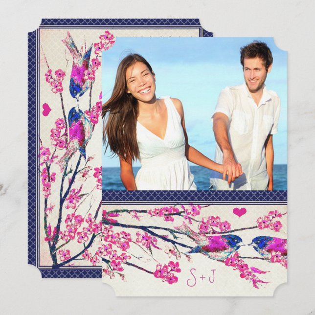 Moroccan Photo Pink Navy Love Bird Cherry Blossom Invitation (Front/Back)