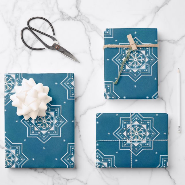 Moroccan Portuguese Blue Azulejos Tile Pattern Wrapping Paper Sheets (Front)