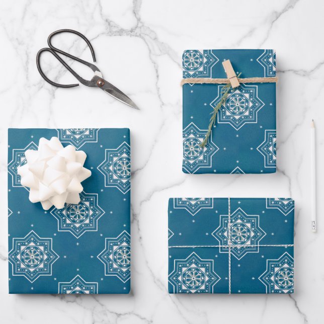 Moroccan Portuguese Blue Azulejos Tile Pattern Wrapping Paper Sheets (Front)