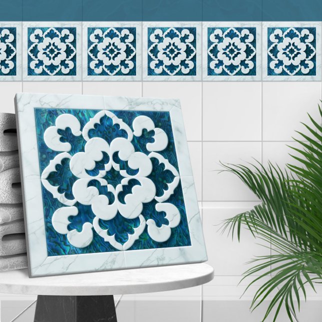 Moroccan Quatrefoil Abalone Shell and White Marble Ceramic Tile (Creator Uploaded)