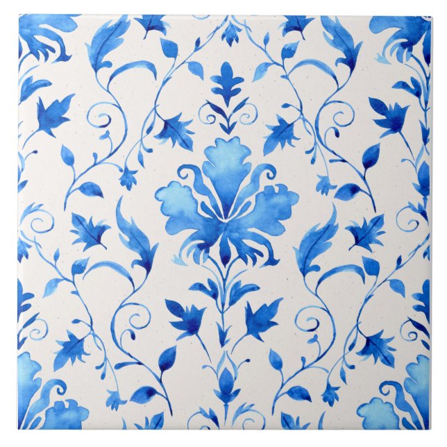 Moroccan Quatrefoil Blue and White Marble  Ceramic Tile (Front)