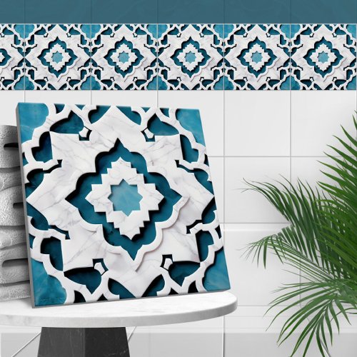 Moroccan Quatrefoil Blue and White Marble Ceramic Tile