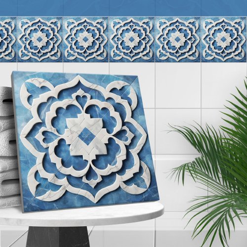 Moroccan Quatrefoil Blue and White Marble Ceramic Tile
