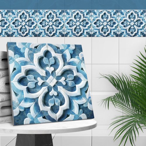Moroccan Quatrefoil Blue and White Marble Ceramic Tile