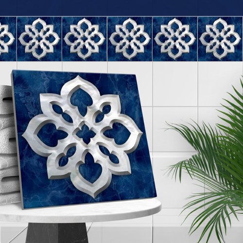 Moroccan Quatrefoil Blue Marble and Pearl Ceramic Tile