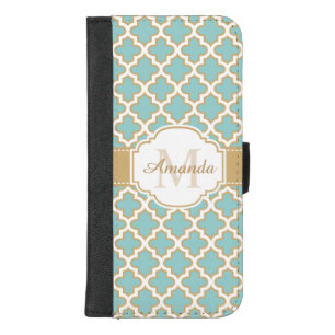 Moroccan Quatrefoil Classy Gold Teal Blue Monogram iPhone 8/7 Plus Wallet Case