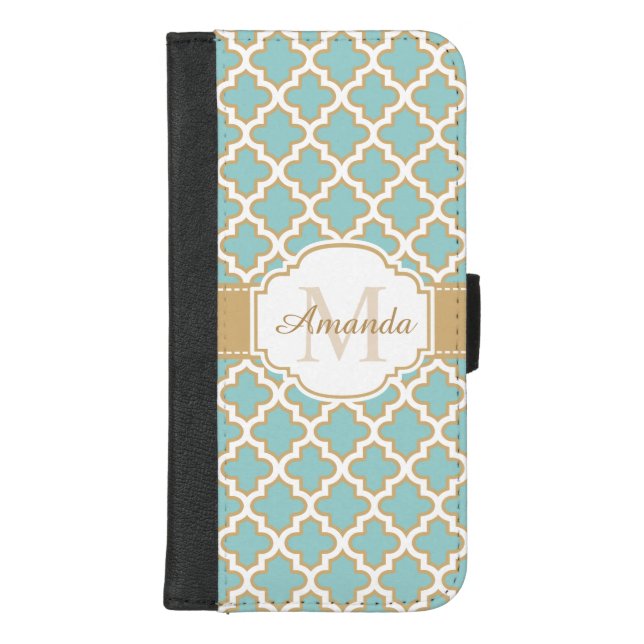 Moroccan Quatrefoil Classy Gold Teal Blue Monogram iPhone Wallet Case (Front)