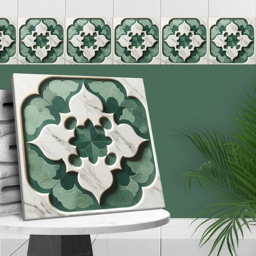 Moroccan Quatrefoil Muted Green and White Marble Ceramic Tile