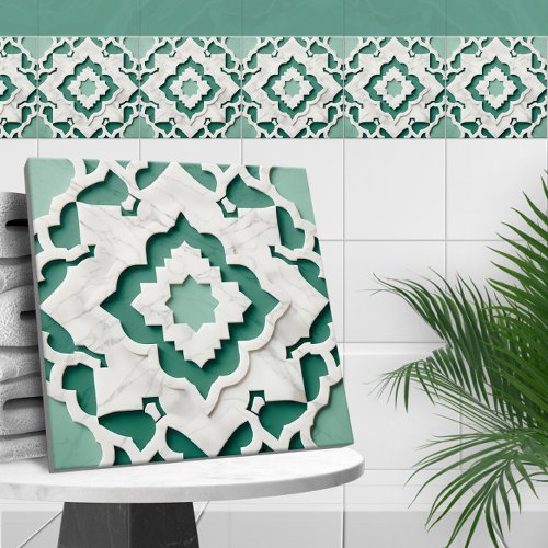 Moroccan Quatrefoil Muted Green and White Marble Ceramic Tile