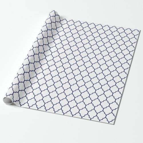 Moroccan Quatrefoil Navy Blue on White Wrapping Paper