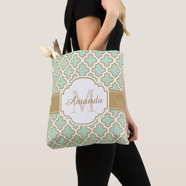 Moroccan Quatrefoil Pattern Gold Mint Monogram Tote Bag (Close Up)
