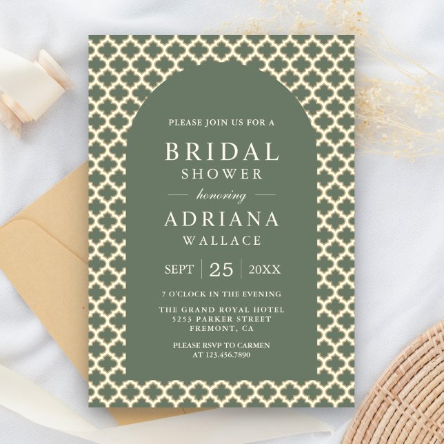 Moroccan Quatrefoil Sage Green Arch Bridal Shower Invitation (Creator Uploaded)