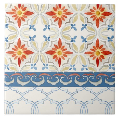 Moroccan Quatrefoil Tile Floral Pattern Watercolor