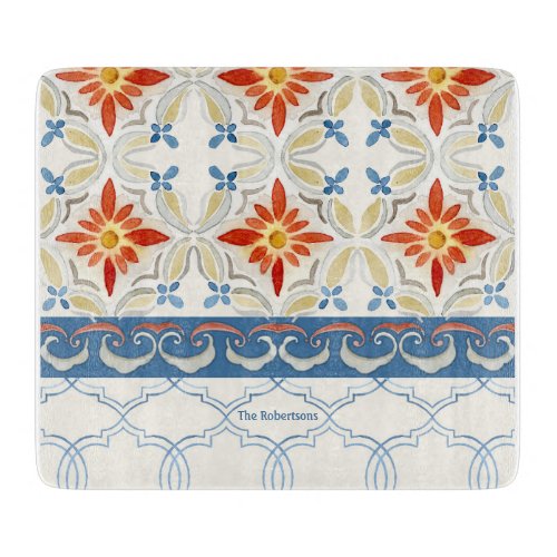 Moroccan Quatrefoil Tile Floral Pattern Watercolor Cutting Board