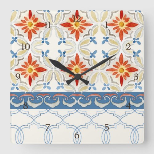 Moroccan Quatrefoil Tile Floral Pattern Watercolor Square Wall Clock
