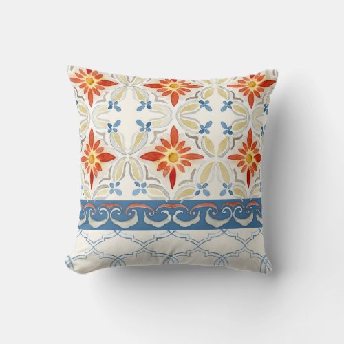 Moroccan Quatrefoil Tile Floral Pattern Watercolor Throw Pillow