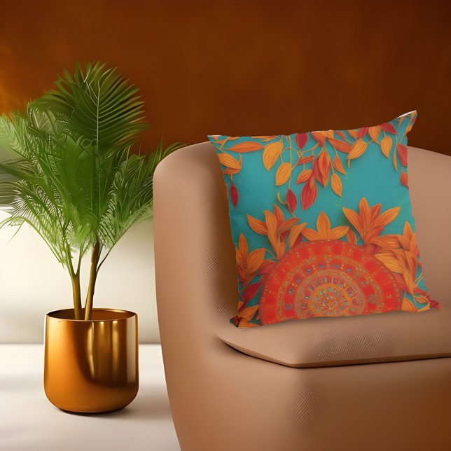 Moroccan rustic gold red orange blue autumn leaves throw pillow (Creator Uploaded)