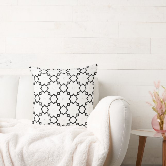 Moroccan Star Lattice Black and White Pattern Throw Pillow (Couch)