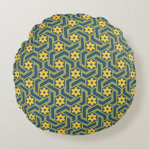 Moroccan Star Lattice - Blue and Yellow Pattern Round Pillow