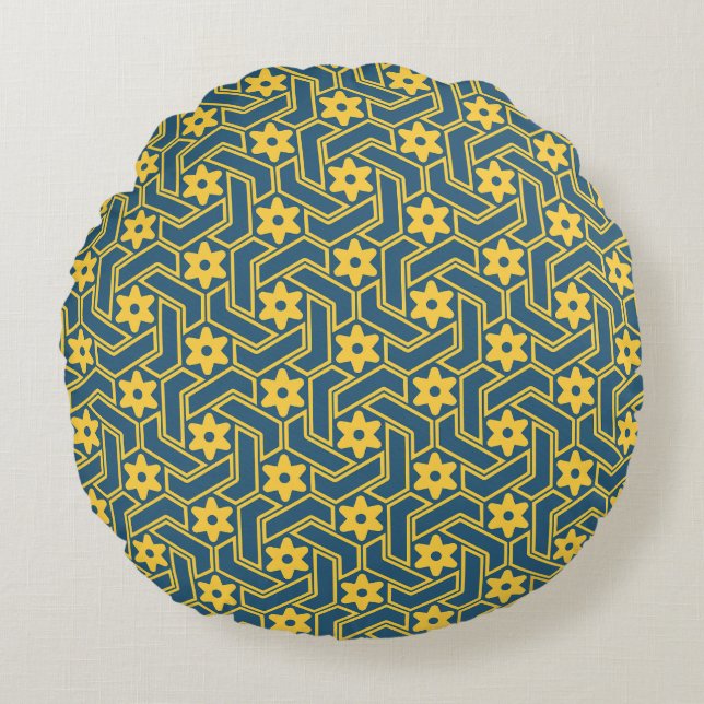Moroccan Star Lattice - Blue and Yellow Pattern Round Pillow (Front)