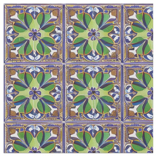 Moroccan Style Blue  Green Tile Pattern Easy Cut Fabric