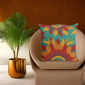 Moroccan style gold red orange teal blue florals throw pillow