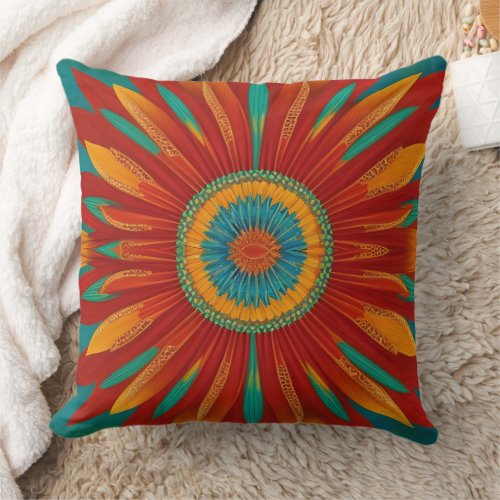 Moroccan style gold red orange teal blue flower throw pillow