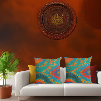 Moroccan style gold red orange teal blue flower  throw pillow
