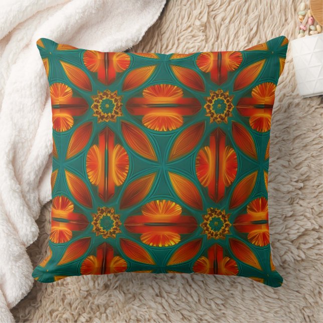 Moroccan style gold red orange teal green leaves throw pillow (Blanket)