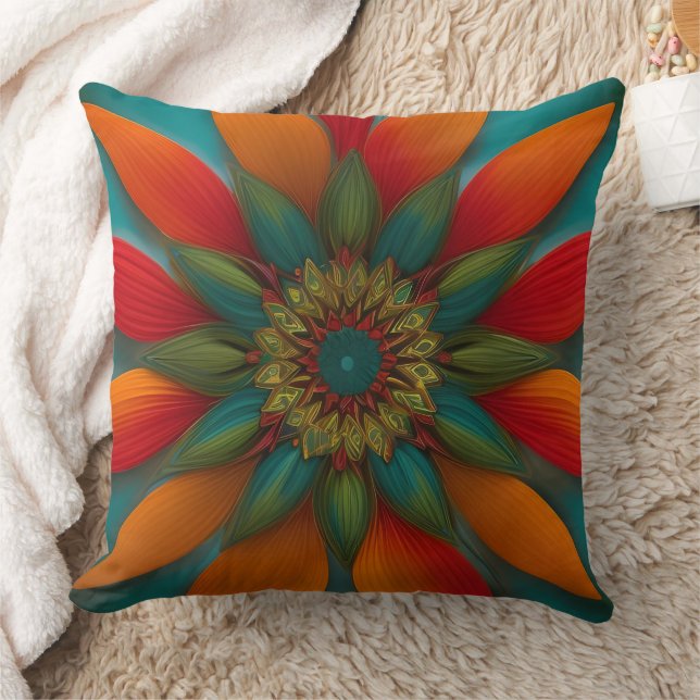 Moroccan style red orange teal blue green floral  throw pillow (Blanket)