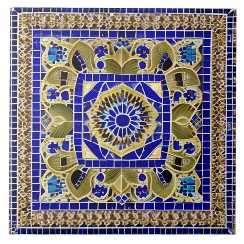 Moroccan Style Simulated Mosaic Blue and Gold Ceramic Tile