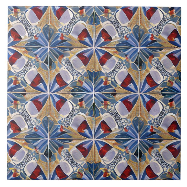 Moroccan Style Simulated Mosaic Blue and Red Ceramic Tile (Front)