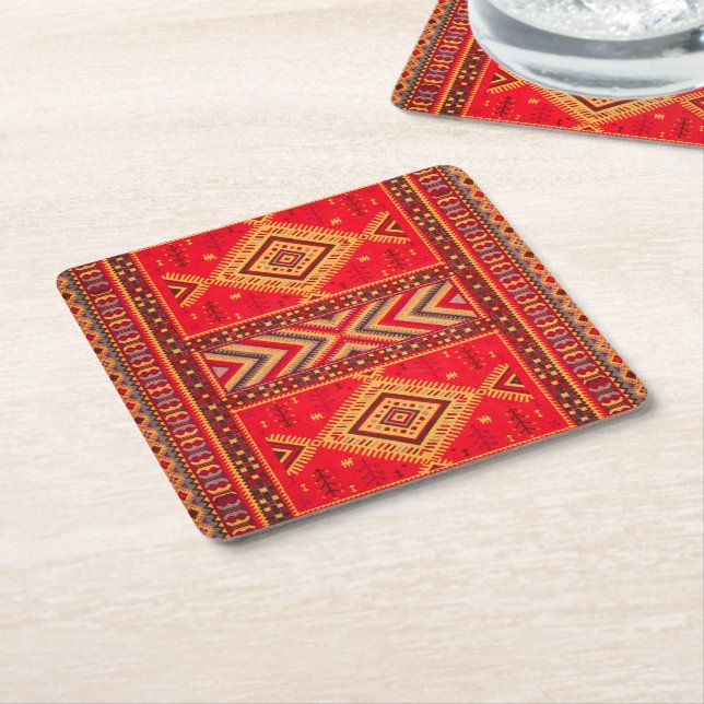 Moroccan Sunrise: Geometric Boho Elegance Square Paper Coaster (Angled)
