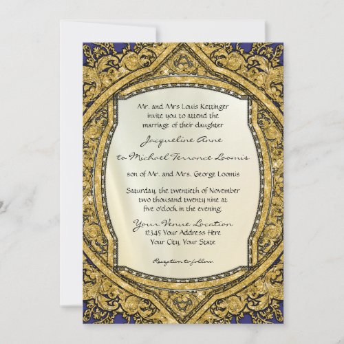 Moroccan Swirl Scroll Gold Glitter Elegant Wedding Invitation
