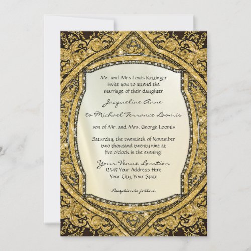 Moroccan Swirl Scroll Gold Glitter Elegant Wedding Invitation
