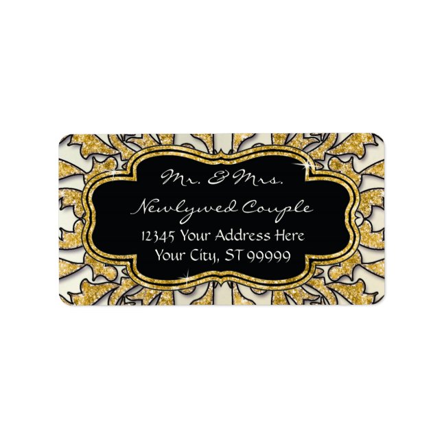 Moroccan Swirl Scroll Gold Glitter Elegant Wedding Label (Front)