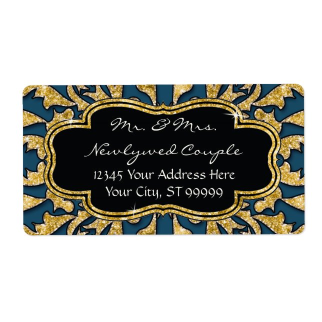 Moroccan Swirl Scroll Gold Glitter Elegant Wedding Label (Front)