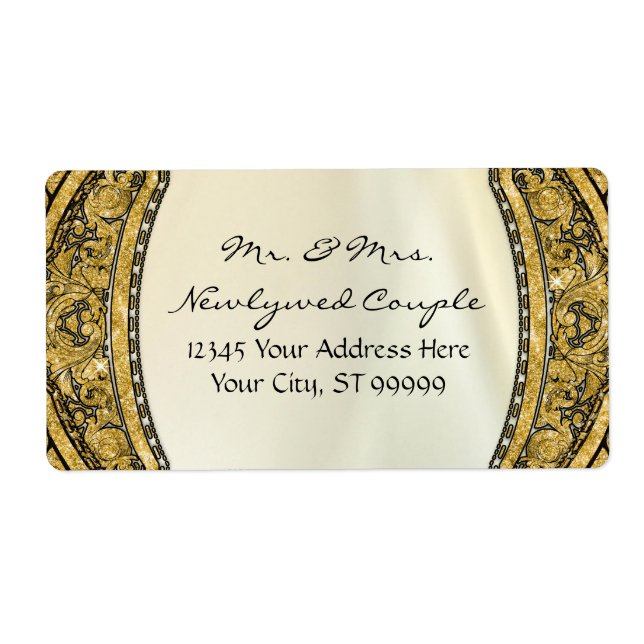 Moroccan Swirl Scroll Gold Glitter Elegant Wedding Label (Front)