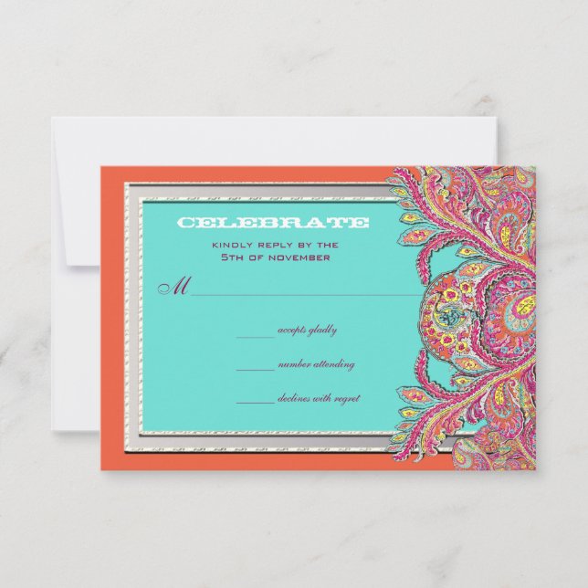 Moroccan Tangerine & Aqua Wedding RSVP Invitation (Front)