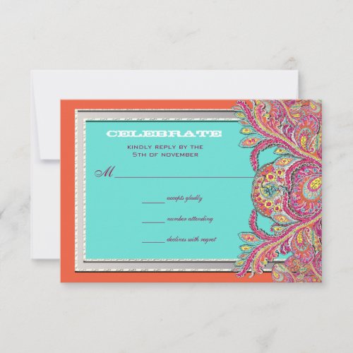 Moroccan Tangerine  Aqua Wedding RSVP Invitation