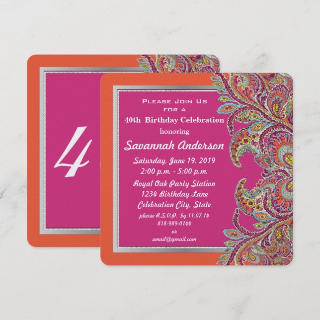 Moroccan Tangerine & Fuchsia 40th Birthday Party Invitation (Front/Back)